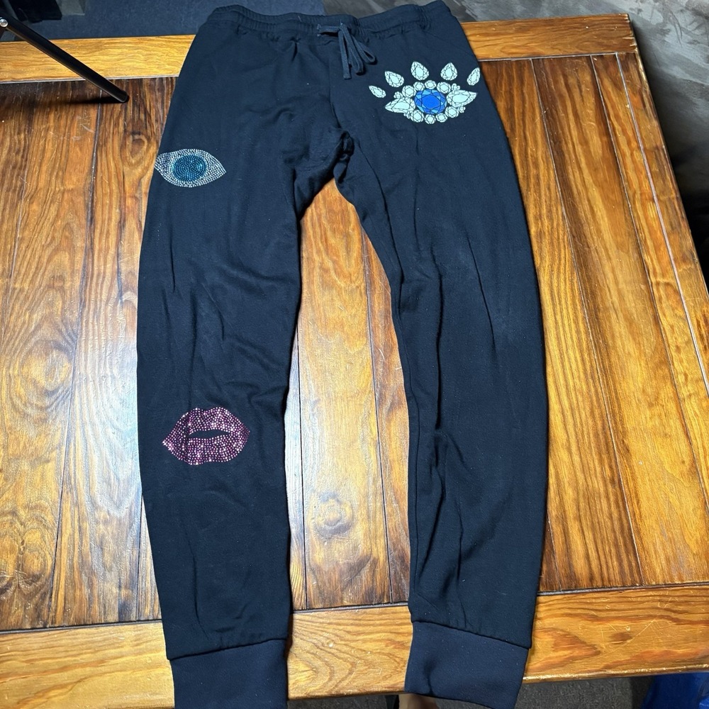 Lauren Moshi Black Evil Eye Lips Crystal Crop Sweatpants Sz S A1039